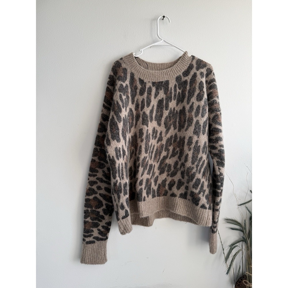Rails Women L Beige Black Leopard Knit Sweater Alpaca Wool Crew Neck Pullover